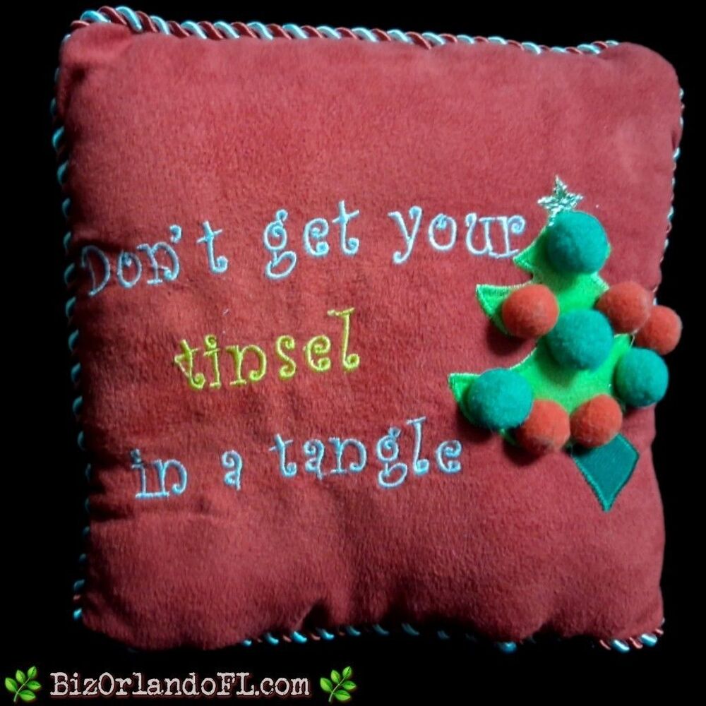VINTAGE: Small Accent Pillow Christmas Holiday Green Cord Border Tree Gift 8"x8"